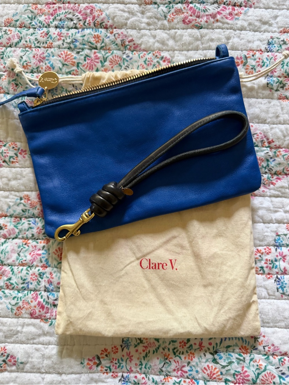 Clare V Royal Blue Leather Wristlet with Black Strap